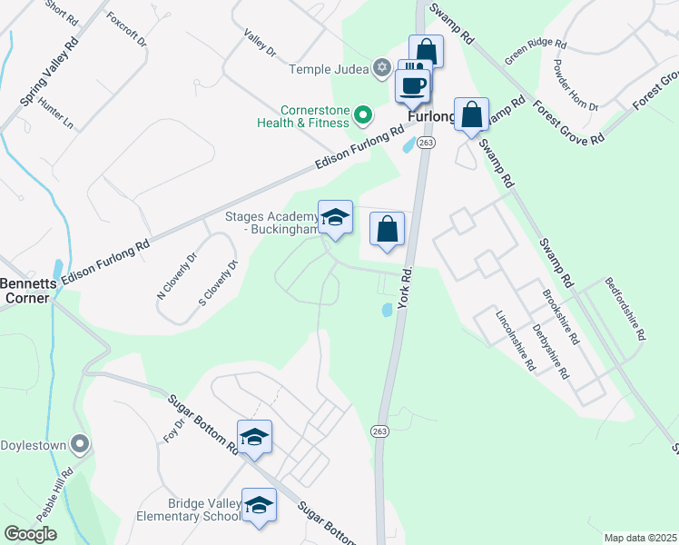 map of restaurants, bars, coffee shops, grocery stores, and more near 2396 Rosemont Terrace in Furlong