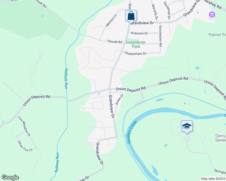 map of restaurants, bars, coffee shops, grocery stores, and more near 1 Arwin Drive in Hummelstown