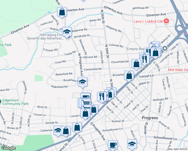 map of restaurants, bars, coffee shops, grocery stores, and more near 301 North Progress Avenue in Harrisburg