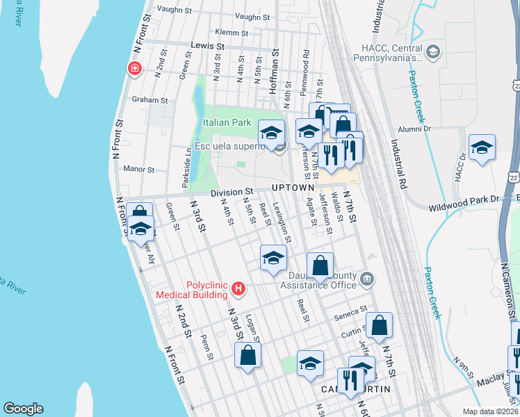 map of restaurants, bars, coffee shops, grocery stores, and more near 2721 North 5th Street in Harrisburg