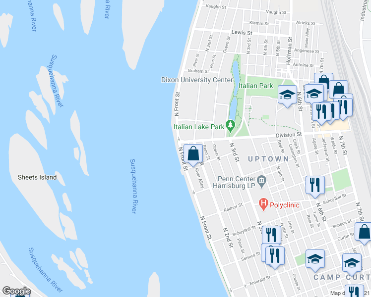 map of restaurants, bars, coffee shops, grocery stores, and more near 2833 North Front Street in Harrisburg