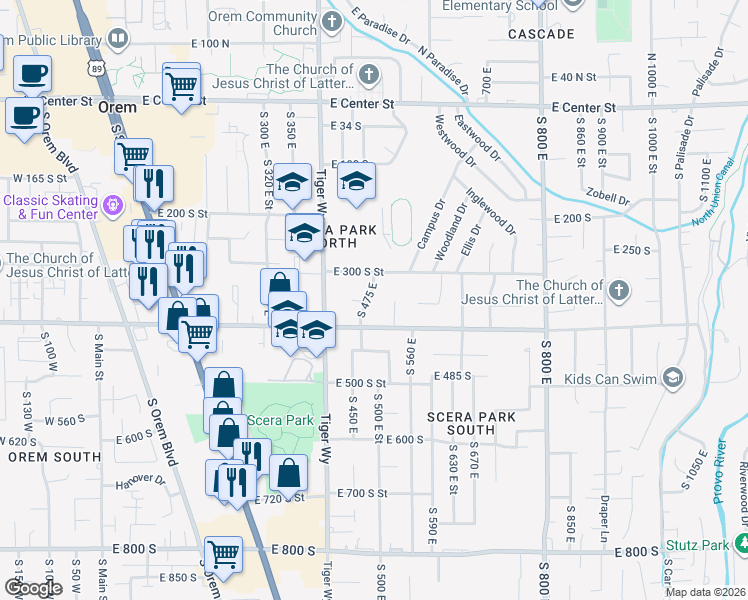 map of restaurants, bars, coffee shops, grocery stores, and more near 483 East 400 South in Orem