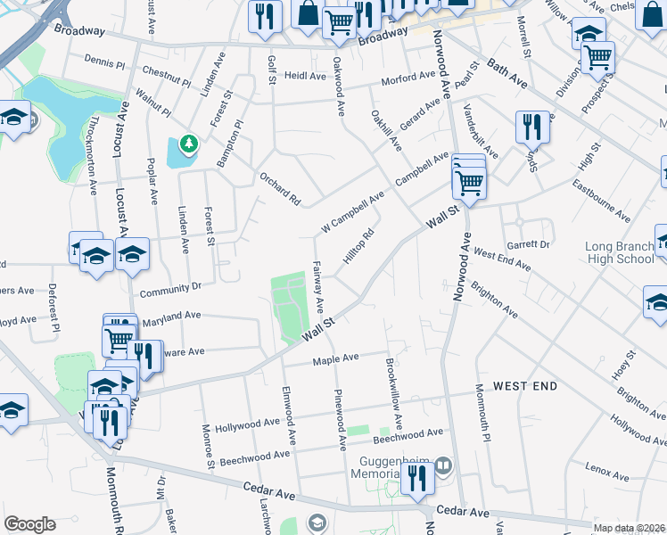 map of restaurants, bars, coffee shops, grocery stores, and more near 56 Hilltop Road in West Long Branch