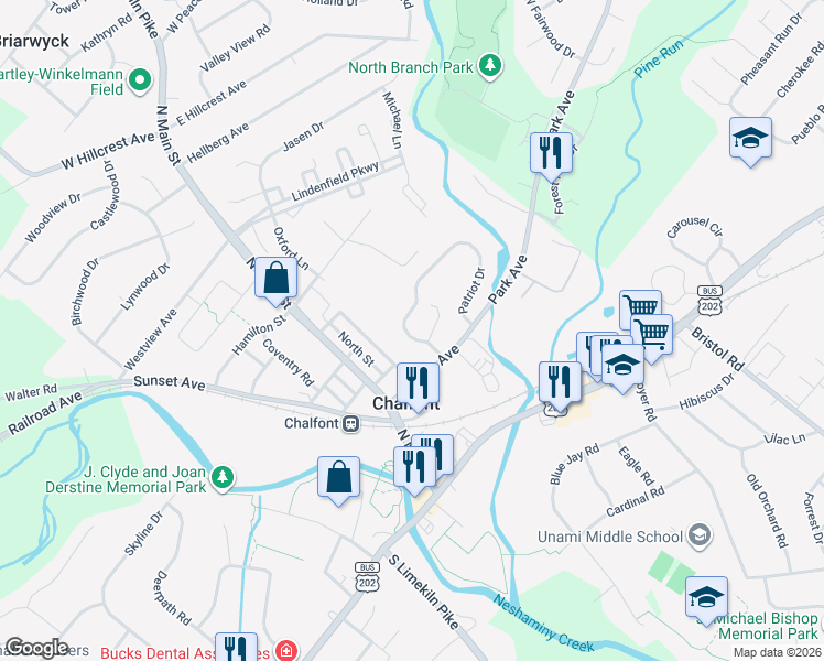 map of restaurants, bars, coffee shops, grocery stores, and more near 6 Patriot Drive in Chalfont