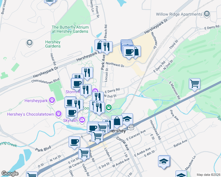map of restaurants, bars, coffee shops, grocery stores, and more near 30 East Derry Road in Hershey