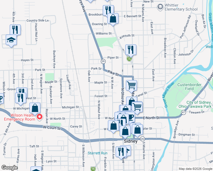 map of restaurants, bars, coffee shops, grocery stores, and more near 421 N West Ave in Sidney