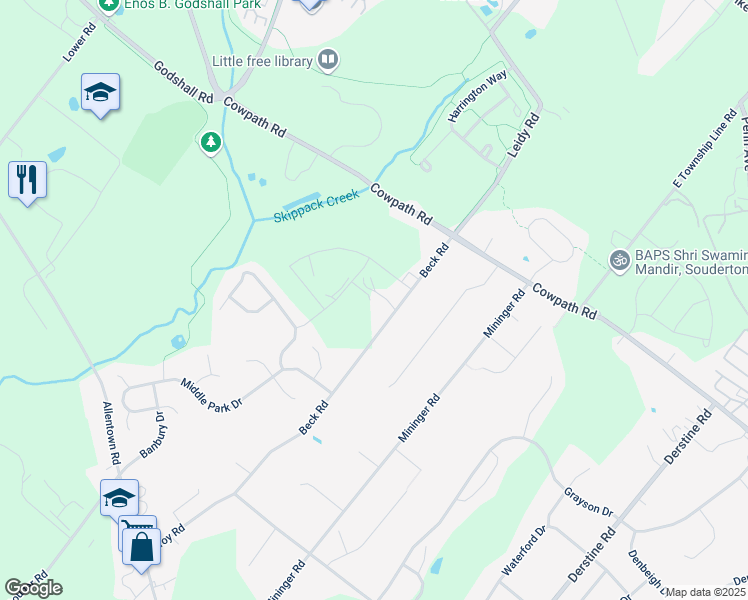 map of restaurants, bars, coffee shops, grocery stores, and more near 449 Beck Road in Souderton