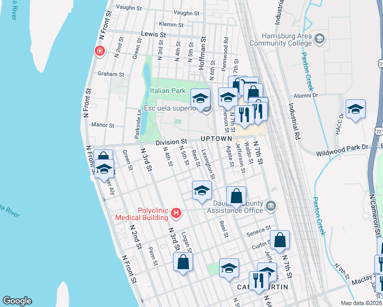 map of restaurants, bars, coffee shops, grocery stores, and more near 2721 North 5th Street in Harrisburg