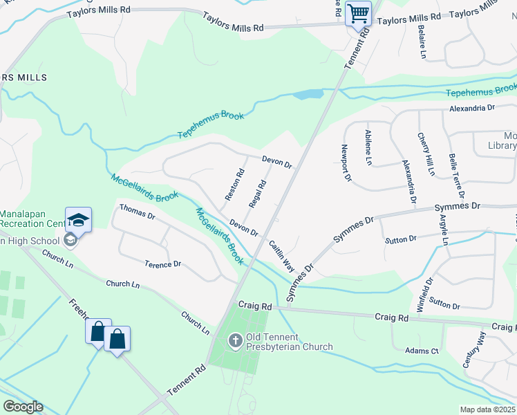 map of restaurants, bars, coffee shops, grocery stores, and more near 1 Regal Road in Manalapan Township