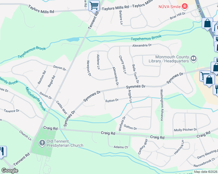 map of restaurants, bars, coffee shops, grocery stores, and more near 55 Symmes Drive in Manalapan Township