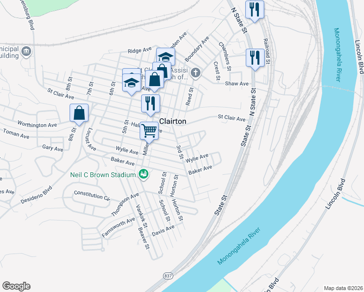 map of restaurants, bars, coffee shops, grocery stores, and more near 664 3rd Street in Clairton