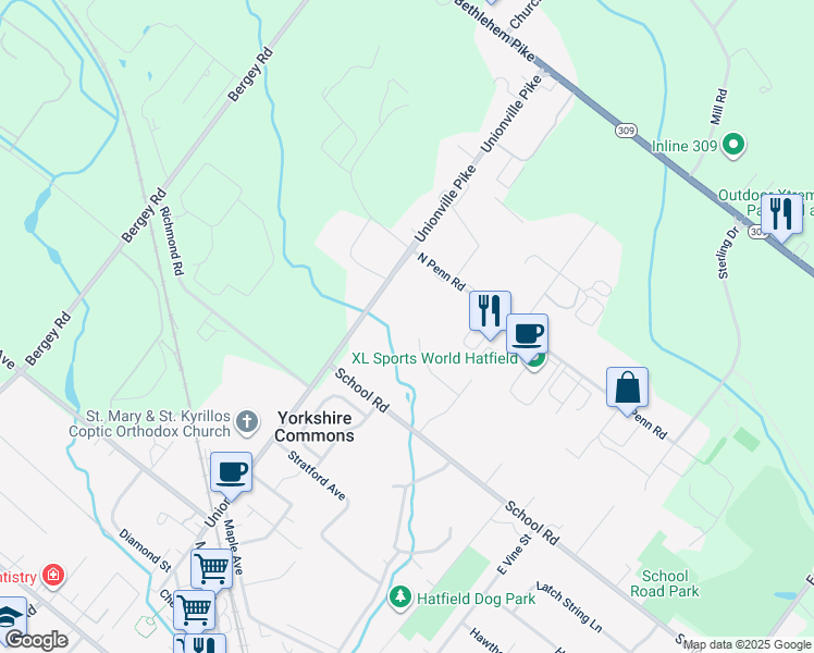 map of restaurants, bars, coffee shops, grocery stores, and more near 2384 Meadow Lane in Hatfield