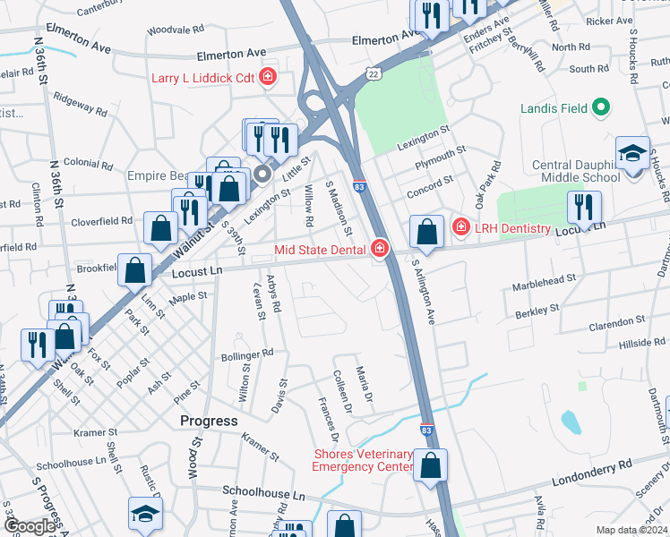 map of restaurants, bars, coffee shops, grocery stores, and more near 303 Willow Road in Harrisburg