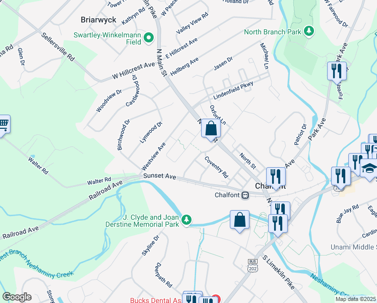 map of restaurants, bars, coffee shops, grocery stores, and more near 20 Ruthies Way in Chalfont