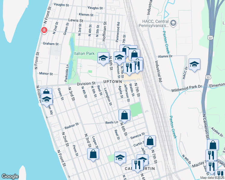 map of restaurants, bars, coffee shops, grocery stores, and more near 2712 North 6th Street in Harrisburg