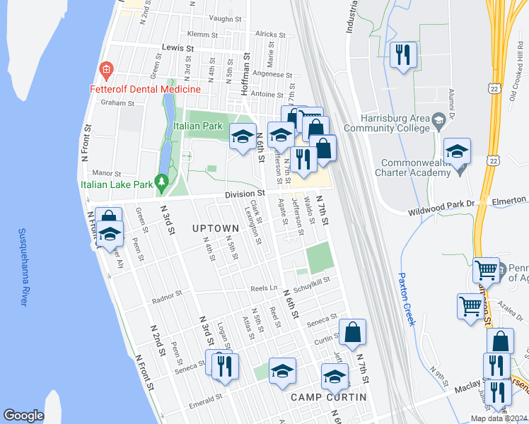 map of restaurants, bars, coffee shops, grocery stores, and more near 2712 North 6th Street in Harrisburg
