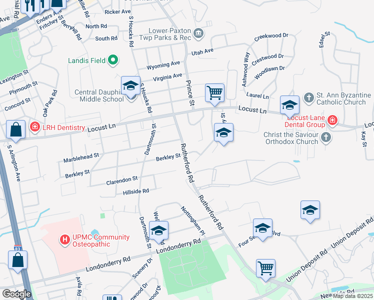 map of restaurants, bars, coffee shops, grocery stores, and more near 4944 Berkley Street in Harrisburg