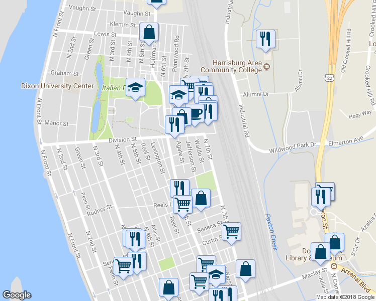 map of restaurants, bars, coffee shops, grocery stores, and more near 650 Wiconisco Street in Harrisburg