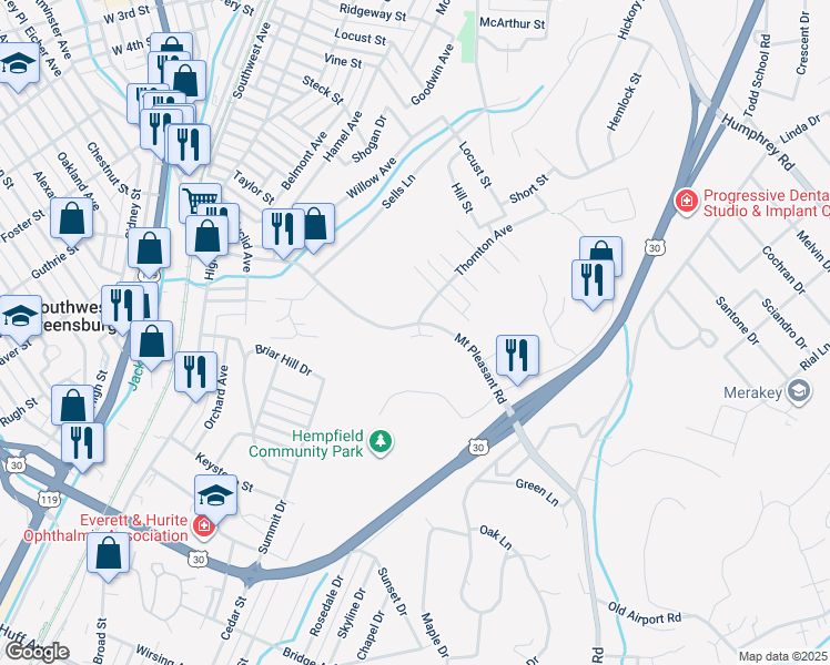 map of restaurants, bars, coffee shops, grocery stores, and more near 806 Mount Pleasant Road in Greensburg