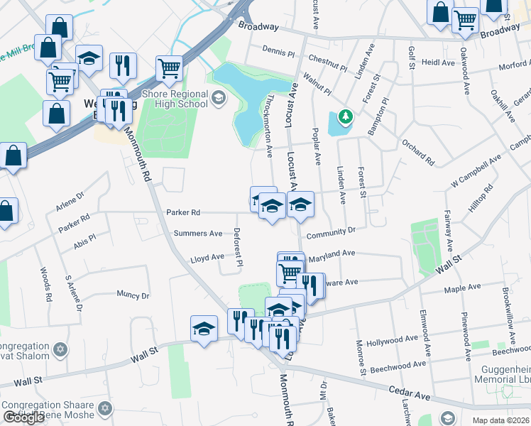map of restaurants, bars, coffee shops, grocery stores, and more near 20 Parker Road in West Long Branch