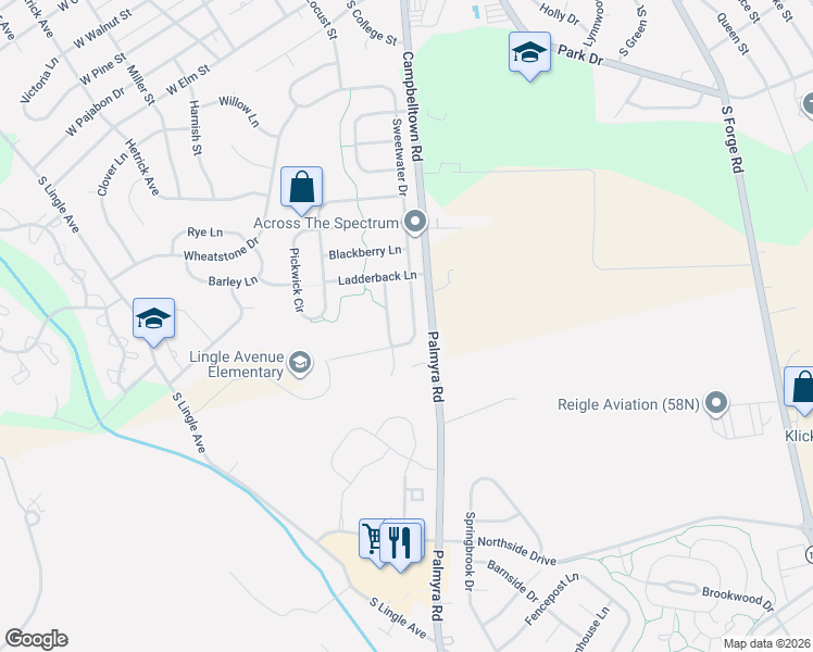 map of restaurants, bars, coffee shops, grocery stores, and more near 560 Sweetwater Drive in Palmyra