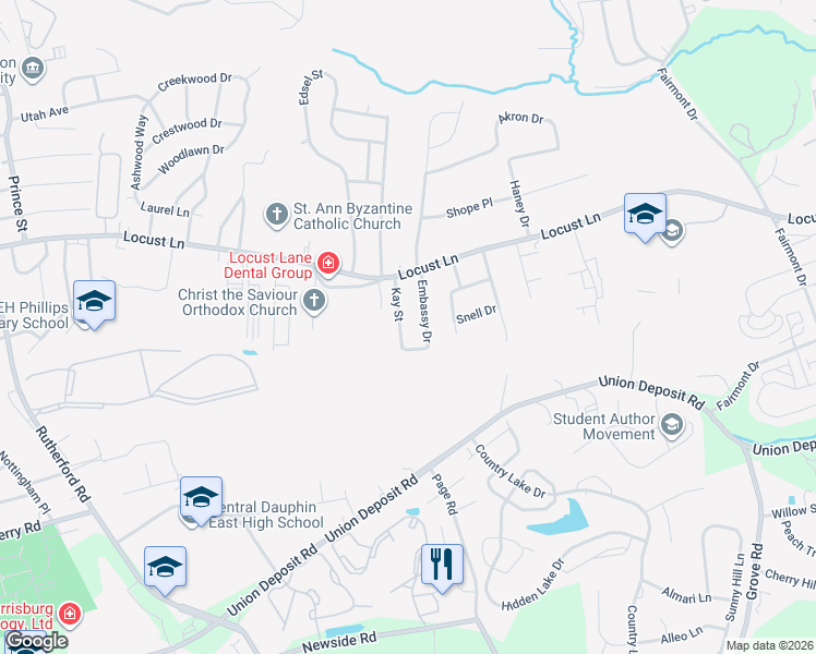 map of restaurants, bars, coffee shops, grocery stores, and more near 1520 Kay Street in Harrisburg