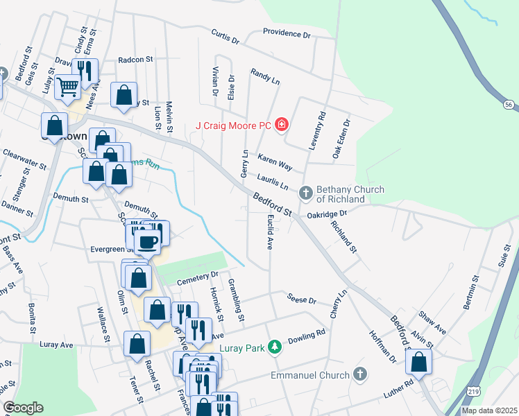map of restaurants, bars, coffee shops, grocery stores, and more near 2706 Bedford Street in Johnstown