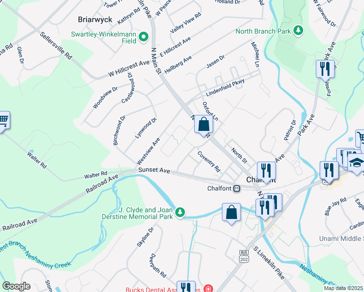 map of restaurants, bars, coffee shops, grocery stores, and more near 20 Ruthies Way in Chalfont