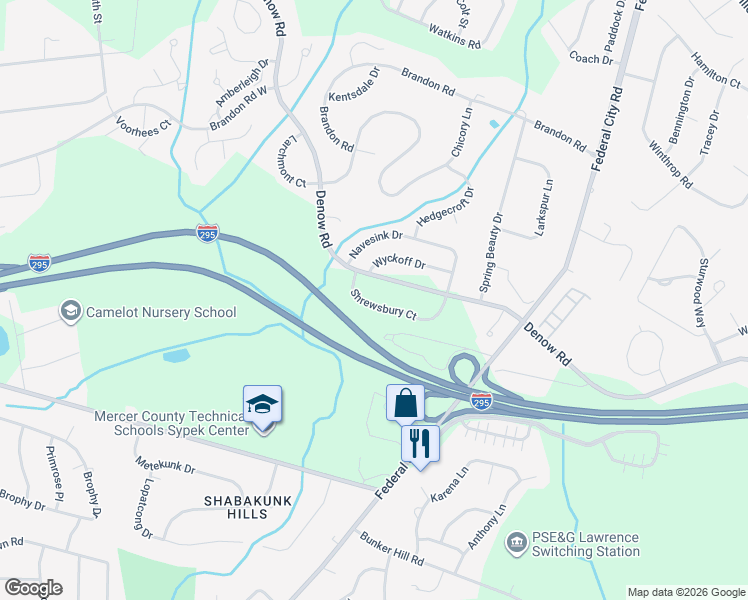 map of restaurants, bars, coffee shops, grocery stores, and more near 165 Shrewsbury Court in Pennington