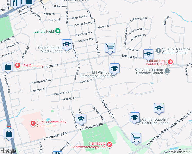 map of restaurants, bars, coffee shops, grocery stores, and more near 4944 Berkley Street in Harrisburg