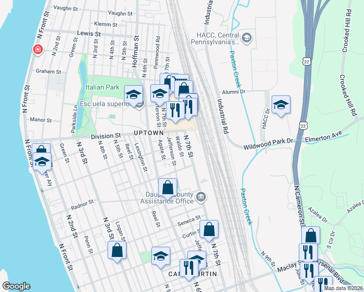 map of restaurants, bars, coffee shops, grocery stores, and more near 2620 North 7th Street in Harrisburg