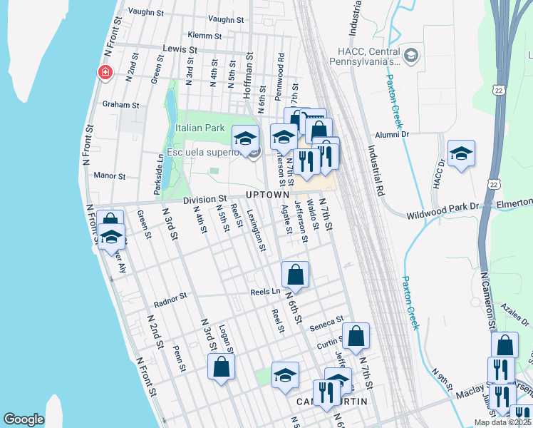 map of restaurants, bars, coffee shops, grocery stores, and more near 2661 North 6th Street in Harrisburg