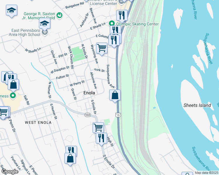 map of restaurants, bars, coffee shops, grocery stores, and more near 29 North Enola Road in Enola
