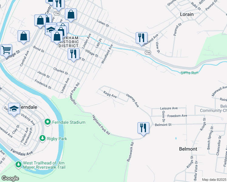 map of restaurants, bars, coffee shops, grocery stores, and more near 1201 Heeney Avenue Luxor in Johnstown
