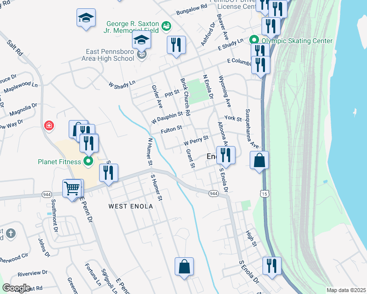 map of restaurants, bars, coffee shops, grocery stores, and more near 460 West Perry Street in Enola