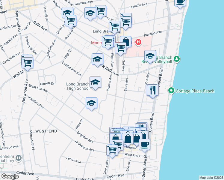 map of restaurants, bars, coffee shops, grocery stores, and more near 2 Eastbourne Avenue in Long Branch