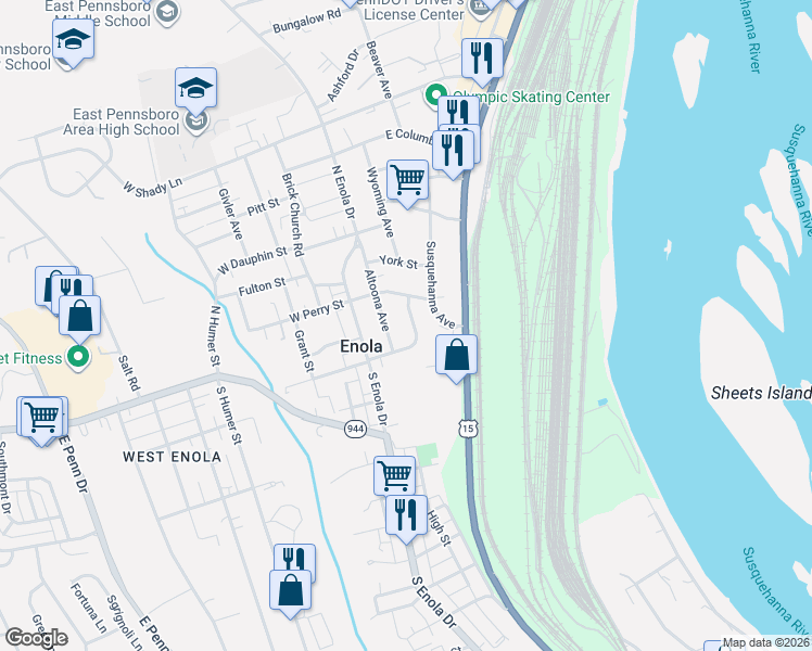 map of restaurants, bars, coffee shops, grocery stores, and more near 156 East Cumberland Road in Enola