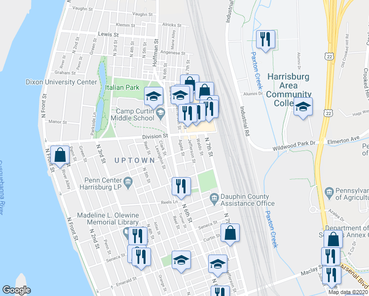 map of restaurants, bars, coffee shops, grocery stores, and more near 630 Wiconisco Street in Harrisburg