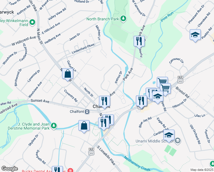 map of restaurants, bars, coffee shops, grocery stores, and more near 104 Independence Way in Chalfont