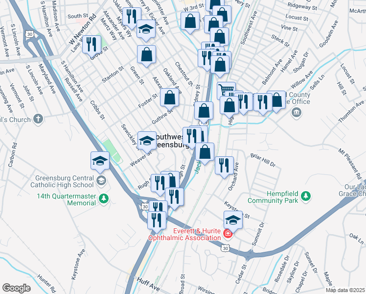 map of restaurants, bars, coffee shops, grocery stores, and more near 814 Green Street in Greensburg