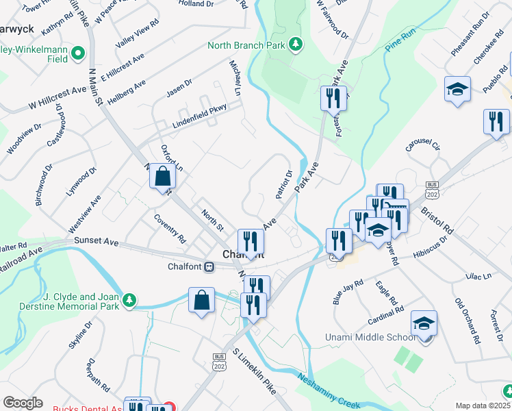 map of restaurants, bars, coffee shops, grocery stores, and more near 104 Independence Way in Chalfont
