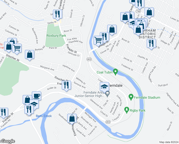 map of restaurants, bars, coffee shops, grocery stores, and more near 386 Plainfield Avenue in Johnstown