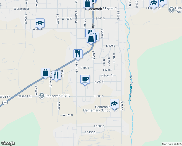 map of restaurants, bars, coffee shops, grocery stores, and more near 644 South 200 East in Roosevelt