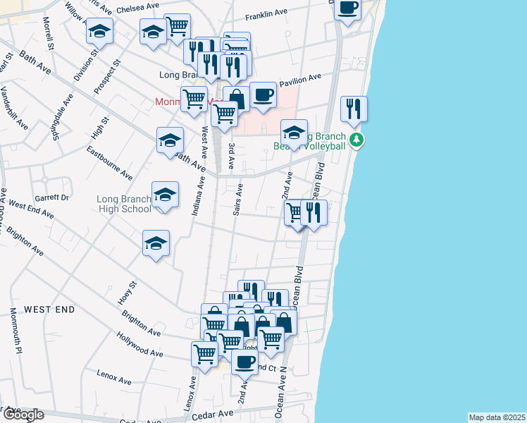 map of restaurants, bars, coffee shops, grocery stores, and more near 99 Cottage Place in Long Branch