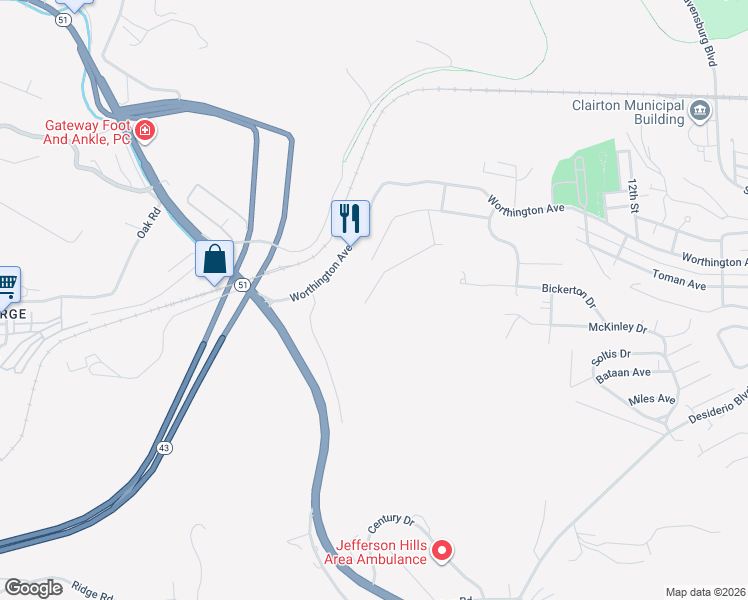 map of restaurants, bars, coffee shops, grocery stores, and more near 1547 Oneida Drive in Clairton