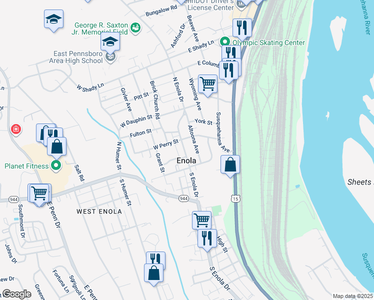map of restaurants, bars, coffee shops, grocery stores, and more near 30 North Enola Drive in Enola
