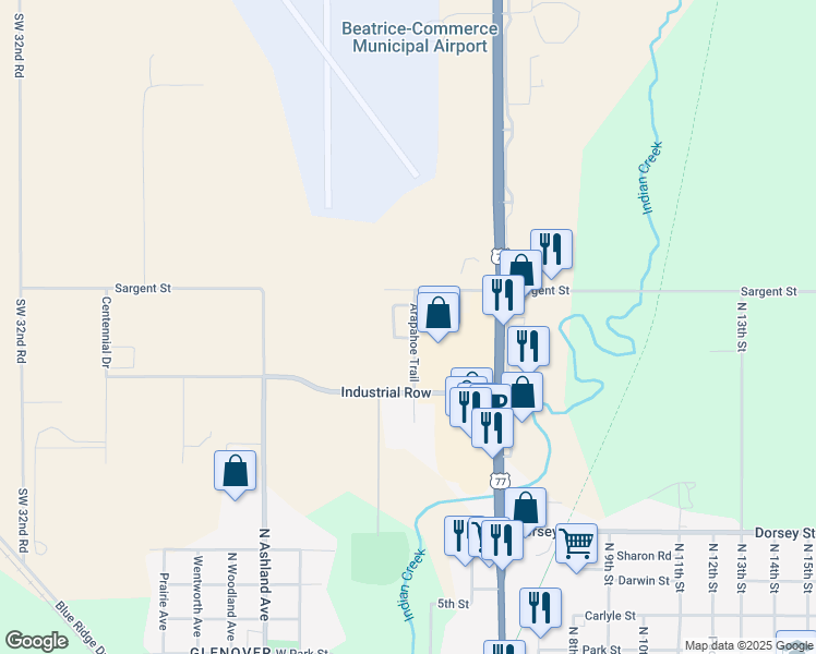 map of restaurants, bars, coffee shops, grocery stores, and more near 2400 Arapahoe Trail in Beatrice