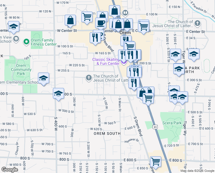 map of restaurants, bars, coffee shops, grocery stores, and more near 317 South 100 West in Orem