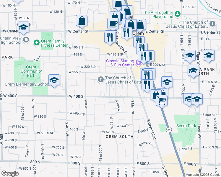 map of restaurants, bars, coffee shops, grocery stores, and more near 316 South 150 West in Orem
