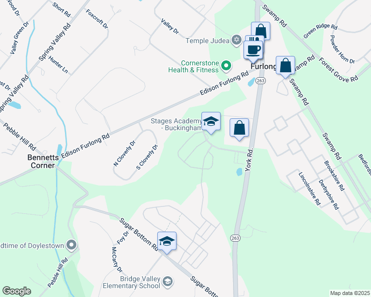map of restaurants, bars, coffee shops, grocery stores, and more near 3262 Brookside Drive in Furlong